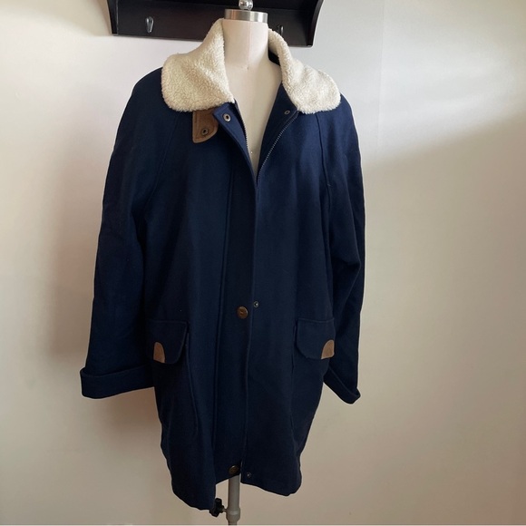 Vintage Jackets & Blazers - Vintage Wool Blend Navy Coat with Cream Collar longer style